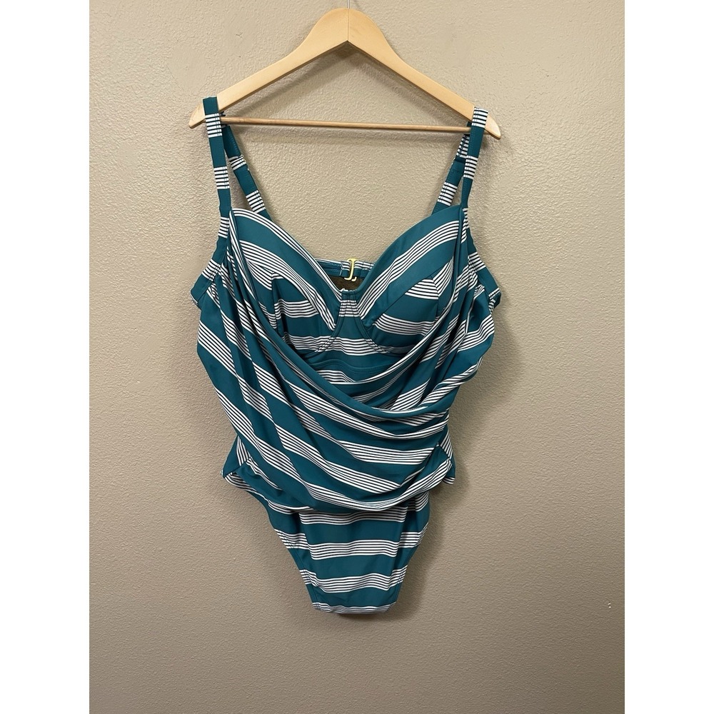Terra Sky Plus Sz Swim Suit One Piece Tummy Control Striped Lined Teal White 4X